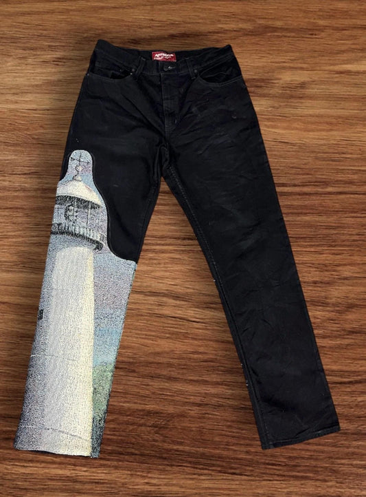 Upcycled denim pant with tapestry